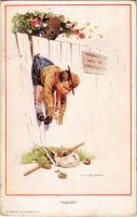 "Nailed" Boy scout art postcard, humour. Reinthal & Newman No. 2061. (EK)