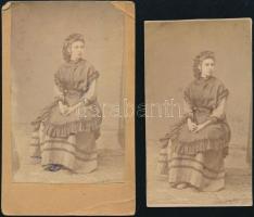 cca 1870 Női portré, 2 db, keményhátú fotó, egyik kézzel színezett, 10×5,5 cm