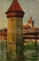 Lucerne, Luzern; Wasserturm m. d. Rathaus / water tower, town hall. Verlag Schwarzer & Cie. (Zürich) Graph. Anstalt J. E. Wolfensberger litho s: Ernst E. Schlatter