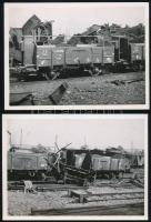 cca 1940 Szétroncsolt vasúti szerelvényekről készült felvételek, 2 db pecséttel jelzett fotó, 18x13 cm
