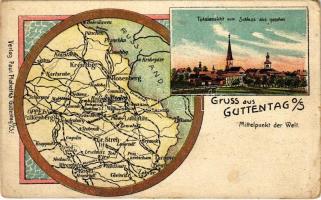 Dobrodzien, Gutentag, Guttentag; Mittelpunkt der Welt. Totalansicht vom Schloss aus gesehen. Verlag Paul Plahettka. Art Nouveau, litho (EB)