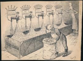 cca 1950 Jeney Jenő Béla (1874-1950) : Podmaniczky Frigyes - politikai karikatúra. Tus, papír, jelzett, 17,5×23 cm