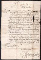 1675 Pozsony város magisztrátusának idézőlevele bedegi Nyáry Annának(?-?), Zay III. Lőrinc (1651-1712) első feleségének birtokfelosztás ügyében, amelyben Vizkelety Mária (fl. 1626-1687), Dóczy Mihály (1618-?) özvegye is érintett. Papír, latin nyelven, sérülésekkel //  1675 Citation letter of the magistrate of Bratislava (Pozsony/Pressburg) sent to Anna Nyáry de Bedeg (?-?), the first wife of Lőrinc III Zay (1651-1712) regarding a case of property divison in which Mária Vizkelety (fl. 1626-1687), the widow of late Mihály Dóczy (1618-?) is concerned as well. On paper, in Latin, with minor damages