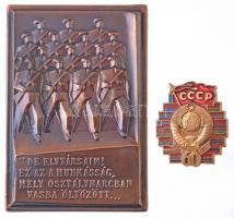 Vegyes: Kiss Nagy András (1930-1997) 1977. De elvtársaim! Ez az a munkásság, mely osztályharcban vasba öltözött... / Emlékül a Munkásőrség alapító tagjának a Munkásőrség országos parancsnokától 1977. II. vörösréz emlékplakett (104,5x72mm) + Szovjetunió 1982. Aranyozott, festett jelvény a Szovjetunió megalakulásának 60-ik évfordulójára T:1-,2