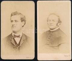 cca 1860-1870 2 db férfi portréfotó, keményhátú fotó Gévay Béla pesti műterméből, hátoldalon a műterem képeivel, 10×6 cmx2