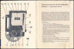 Meopta Meolux 2 csehszlovák filmvetítő használati útmutatója, fekete-fehér fotókkal, német nyelven