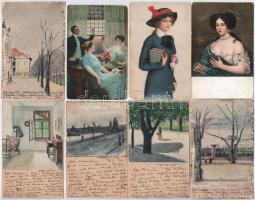 20 db régi képeslap, benne művészeti, kézzel festett lapok, többnyire postán futott anyag, vegyes minőségű érdekes tétel