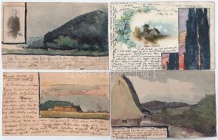 20 db régi képeslap, benne művészeti, kézzel festett lapok, többnyire postán futott anyag, vegyes mi...