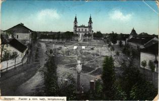 1913 Jászapáti, Piactér a római katolikus templommal. Koczka Andor kiadása (EB)