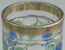 6 db szilva mintás pohár, kézzel festett öntött üveg, erősen kopott. m: 10 cm