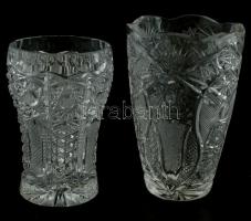 2 db gazdagon csiszolt ólomkristály váza, kopott, m: 14 és 16 cm