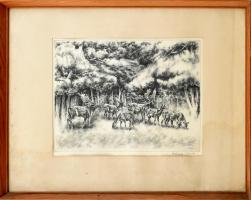 Kórusz József (1927-2010): Szarvas csorda. Rézkarc, papír, jelzett, üvegezett fa keretben, kissé hullámos, 29x39,5 cm