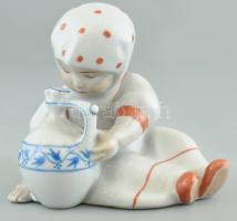Zsolnay porcelán kislány korsóval, kézzel festett, jelzett, kopásnyomokkal, m:7,5 cm (tervező:Sinkó András)