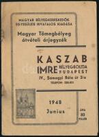 1948 Bp., Kaszab Imre Bélyegboltja, Magyar Tömegbélyeg átvételi árjegyzék, 8 p., kissé foltos