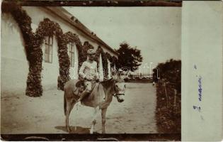 1906 Temesszécsény, Nagyszécsény, Seceani; két csacsi, kisfiú szamárháton villa kertjében / boy on donkey in the villa garden. photo