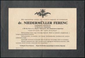1989 Gyöngyös, Dr. Niedermüller Ferenc sebész főorvos, Gyöngyös város díszpolgárának gyászjelentése