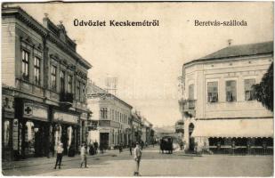 1908 Kecskemét, Beretvás szálloda, Drogéria a vörös kereszthez, könyv, papír és kölcsön könyvtár üzlet