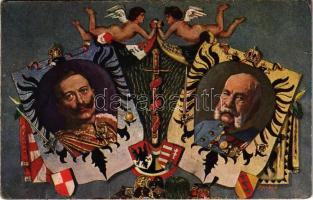 1916 Franz Joseph I of Austria, Wilhelm II. WWI German and Austro-Hungarian K.u.K. military, Viribus Unitis propaganda with flags and coats of arms. Art Nouveau (fa)