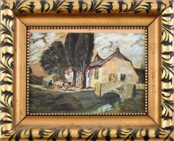 Rudnay jelzéssel: Lovasszekér. Akvarell, karton. Dekoratív fa keretben. 19×27 cm