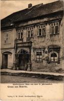 1908 Beszterce, Bistritz, Bistrita; Beutlergasse, Haus aus dem 14. Jahrhundert / Erszény utca, ház a 14. századból. C.W. Schell kiadása / street view, house from the 14th century (EK)