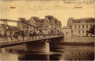 1907 Lugos, Lugoj; Temes híd, Délmagyarországi Bank, Haberehrn vasudvar / bridge, bank, shops