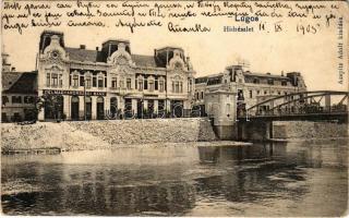 1905 Lugos, Lugoj; Temes híd, Délmagyarországi Bank, Corso kávéház. Auspitz Adolf kiadása / bridge, bank, café (EK)