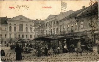 1907 Lugos, Lugoj; Izabella tér, piac, sörcsarnok, Kohn Testvérek üzlete. Nems Kálmán kiadása / square, market, beer hall, shops (EB)