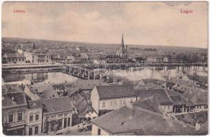 1910 Lugos, Lugoj; látkép, üzletek, híd, színház / general view, shops, bridge, theatre (r)