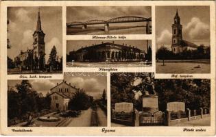 1942 Gyoma, Római katolikus és református templom, községháza, Hősök szobra, vasútállomás, Hármas-Kőrös hídja (Rb)