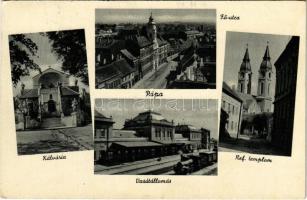 1942 Pápa, vasútállomás, Kálvária, Fő utca, református templom, gőzmozdony