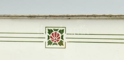 Jugendstil fajanszbetétes fém, füles tálca, jelzett, kopott, 40x10,5cm