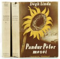 Dégh Linda: Pandur Péter meséi. I-II. köt. Bevezető tanulmánnyal és jegyzetekkel kíséri: - -. Ortutay Gyula bevezetőjével. Új Magyar Népköltési Gyüjtemény III-IV. Bp.,[1941], Budapesti Kir. M. Pázmány Péter Tudományegyetem Bölcsészeti Karának Magyarságtudományi Intézete - Franklin, 1 t.+292;284 p. Kiadói aranyozott félvászon-kötés, kiadói illusztrált papír védőborítóban, az I. kötet gerince kissé kopott, az I. kötet papír védőborítója kissé szakadt.