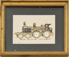 Pessenger Locomotive 1886 makett óraszerkezetekből, üvegezett fakeretben, Jelzett: Ken Broadbent, 16,5x8cm