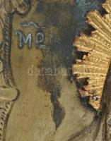 Ikon. Kézzel festett, fém okláddal. XX, sz. eleje, Fa táblán. 17x21 cm