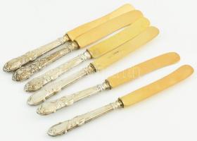 Ezüst (Ag) nyelű süteményes kés és kanál készlet 6+6 db Jelzett. 18 cm, 15 cm