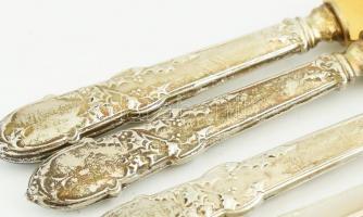 Ezüst (Ag) nyelű süteményes kés és kanál készlet 6+6 db Jelzett. 18 cm, 15 cm