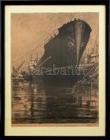 Ék Sándor (1902-1975): Épül a tengerjáró. Litográfia, papír, jelzett. Lap alja kissé foltos. Üvegezett, kissé sérült fa keretben, 49×37,5 cm