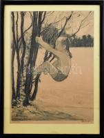 Ék Sándor (1902-1975): Szabadban. Litográfia, papír, jelzett. Üvegezett, kissé sérült fa keretben, 49×37 cm