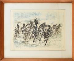 Blahos Rudolf (1917-1986): Vihar közeledik (lovak). Színes rézkarc, papír, számozott (52/100), jelzett. Üvegezett, kissé sérült fa keretben, 28,5×40 cm