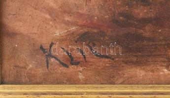 Klie jelzéssel: Lovak. Olaj, farost. Apró felületi sérülésekkel. Dekoratív, kissé sérült fa keretben...