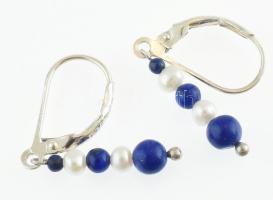 Ezüst(Ag) lápisz lazuli kövekkel és gyönggyel ékesített fülbevalópár, jelzett, h: 3,5 cm, bruttó: 1,15 g