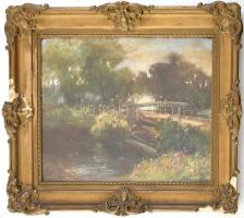 Bruck Hermina (1865-1944): Tájkép patakkal. Olaj, karton. Dekoratív, üvegezett, kissé sérült fa keretben, 33x42 cm