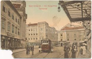 1909 Temesvár, Timisoara; Szent György tér, villamos, takarékpénztár, Maison Lechner, Varneky A. és Farber Miksa üzlete. Divald Károly / square, trams, shops, savings bank (EM)