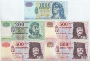 1998. 200Ft + 1998. 500Ft + 1998. 1000Ft + 2006. 500Ft "EB" "A forradalom 50. évfordulója 1956. október 23." + 2010. 500Ft T:III szép papír