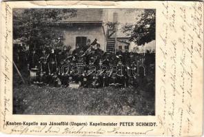 1906 Jánosfölde, Iohanisfeld; Fiú zenekar a karmesterrel / Knabenkapelle mit Kapellmeister Peter Schmidt / boys music band with the conductor (szakadások / tears)