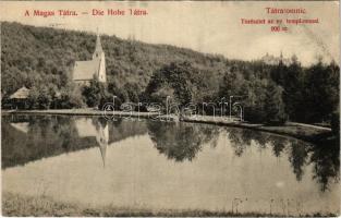 1914 Tátralomnic, Tatranská Lomnica (Tátra, Magas-Tátra, Vysoké Tatry); tó részlet az evangélikus templommal. Kuszmann Gyula kiadása / lake, Lutheran church (EK)