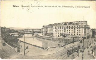 1936 Wien, Vienna, Bécs II. Dianabad, Marienbrücke, Salztorbrücke, Ob. Donaustrasse, Lilienbrunngasse, Hotel, Kaffee / street, hotel and cafe, tram (EK)