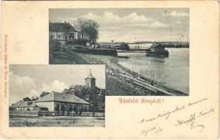 1900 Gönyű, Gönyő (Győr); Római katolikus templom és plébánia, kikötő, úszó hajómalom. Bettelheim Miksa és Társa kiadása / floating boat (ship) mill