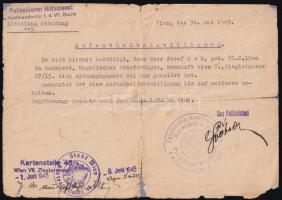 1945 Bécs, tartózkodási engedély orosz és német nyelvű pecséttel magyar állampolgár részére