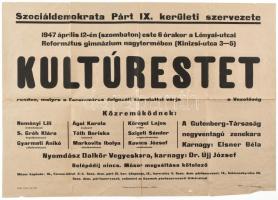 1947 Bp., IX., a Szociáldemokrata Párt kultúrestje plakát, hajtott, 59×41,5 cm